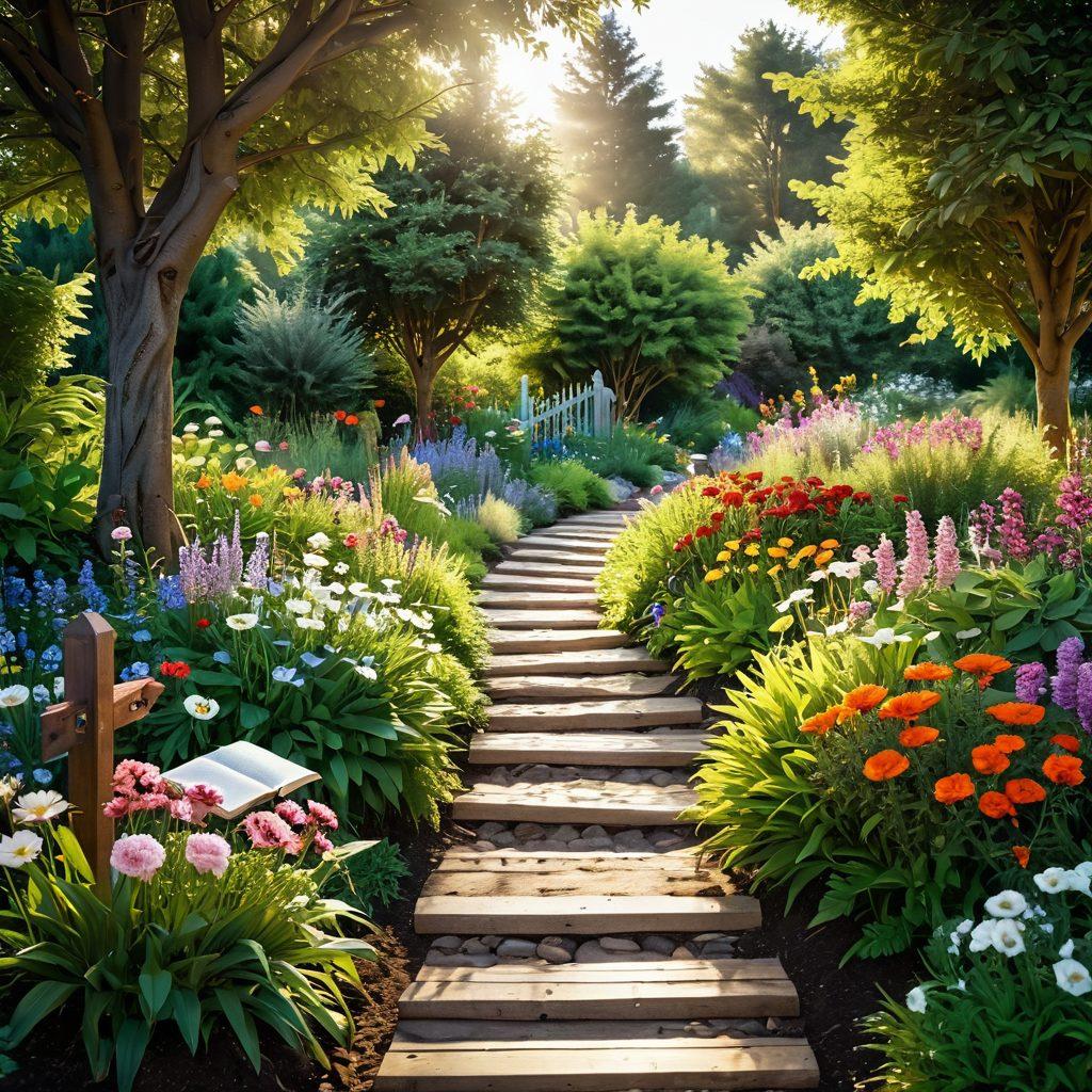 A serene and informative landscape showcasing a pathway leading through a lush garden filled with vibrant flowers, symbolizing hope and healing. On one side, there are open books and a laptop displaying medical blogs, while the other side features a signpost pointing towards clinical trials. A soft, golden light filters through the trees, creating an atmosphere of peace and knowledge. super-realistic. vibrant colors. 3D.
