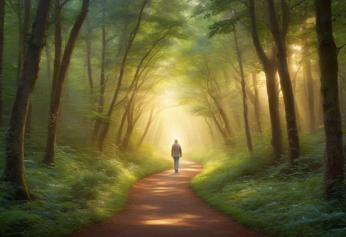 A serene path winding through a tranquil forest, symbolizing the cancer journey, lined with soft glowing lights representing hope and guidance. Include diverse figures of patients and caregivers, holding hands, sharing a moment of support and understanding, with gentle rays of sunlight breaking through the trees. Soft, soothing colors to evoke a sense of calmness and strength. super-realistic. vibrant colors. uplifting atmosphere.