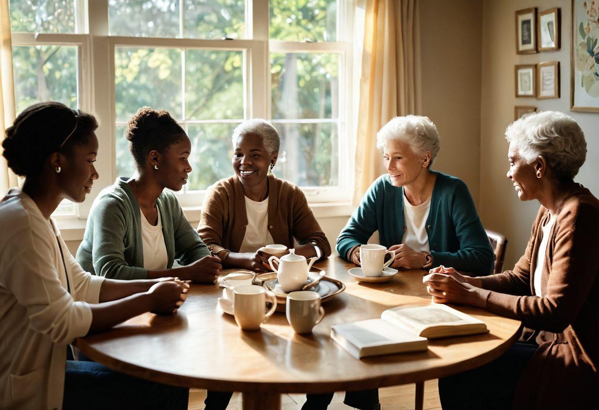 A serene room filled with a diverse group of caregivers gathered in a supportive circle, engaged in heartfelt conversation. Soft light filters through a window, illuminating their expressions of empathy and understanding. In the background, a table holds comforting items like tea and inspirational books, symbolizing hope and resilience. The scene conveys warmth and connection, focusing on the emotional support amongst caregivers during the cancer journey. soft focus. warm tones. painting.